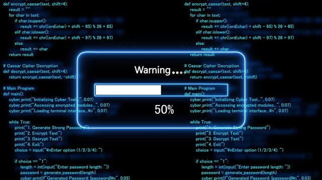 cyan glowing progress bar shows 100% percent of warning on a background of computer code programming. 4k animation 