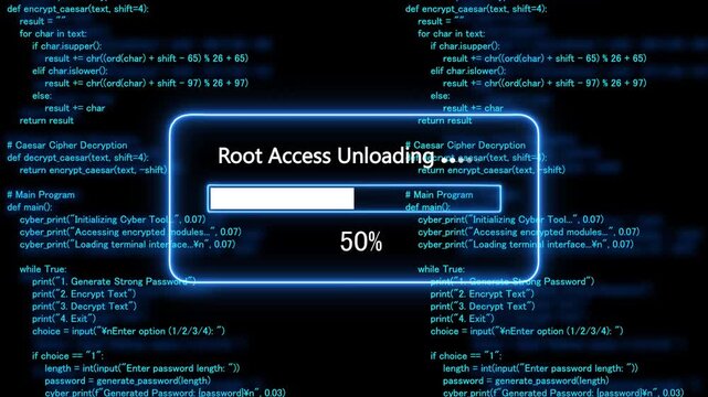 cyan glowing progress bar shows 100% percent of root access uploading on a background of computer code programming. 4k animation 