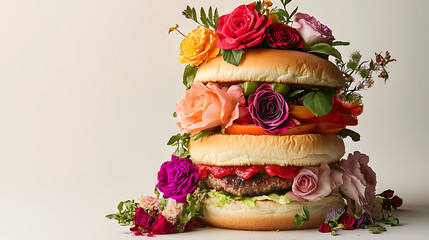 An imaginative burger filled with colorful roses and foliage