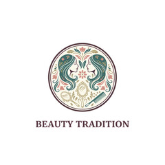 Obraz premium A circular logo featuring two stylized women with ornate hair designs and beauty tools, floral patterns