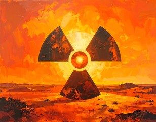 A vibrant orange and yellow post-apocalyptic scene with a large radiation symbol