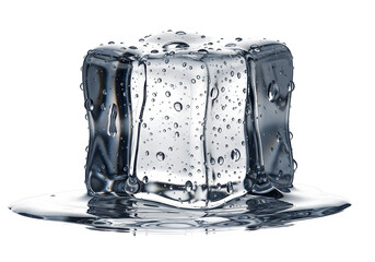 Melting Ice Cube with Water Pooling Isolated on White and Transparent Background