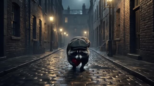 A sneaky Raccoon in ragged Victorian clothes and a flat cap, holding a stolen apple in a dark alleyway. He looks guilty and alert. Dickensian atmosphere, moody lighting, wet cobblestones.