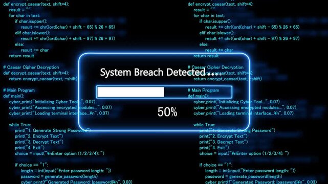 cyan glowing progress bar shows 100% percent of system breach detected on a background of computer code programming. 4k animation 