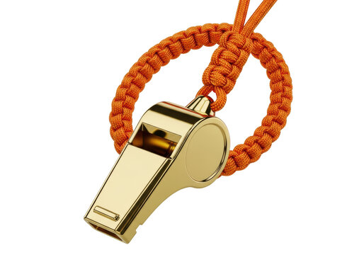 Highly polished 24k gold referee whistle suspended by heavy orange/amber paracord lanyard. Macro close-up, sharp focus, white infinity background, copy space. Concept of professional authority