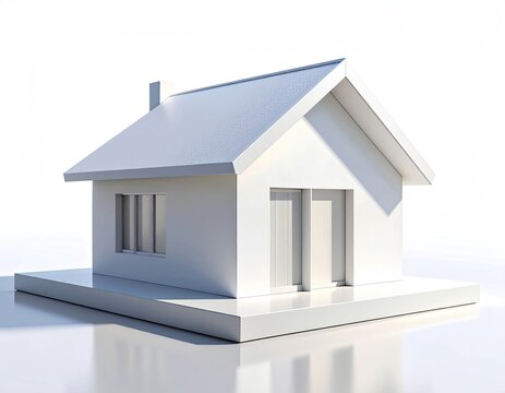 Minimalist white house model on a reflective surface, bright lighting