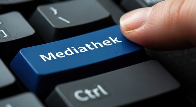 Finger Pressing Blue Mediathek Button on Computer Keyboard