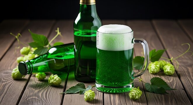 A glass and bottles of green beer with hops on a wooden table