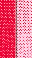 Two panels of red and light pink heart patterns, split vertically. Background ideal for valentines or romance themes