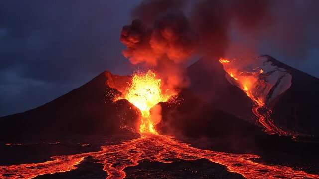Fiery volcano eruption at night. (5)