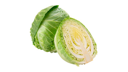 Obraz premium A cabbage is cut in half exposing the inner layers and stem of the vegetable isolated on transparent background