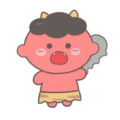 Obraz premium Cute pink oni cartoon character holding club