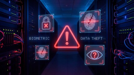 Cybersecurity threat alert with biometric and data theft icons.