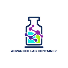 Obraz premium A stylized laboratory flask containing colorful geometric shapes and interconnected molecule symbols