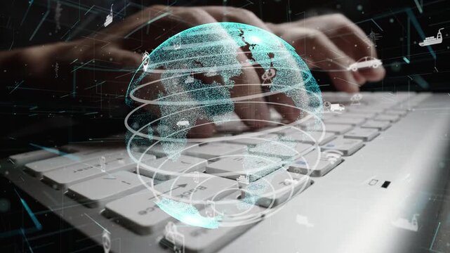 This image illustrates a digital global connection theme, featuring Earth and technology elements, highlighting interaction through a keyboard in a modern setting. Xenic