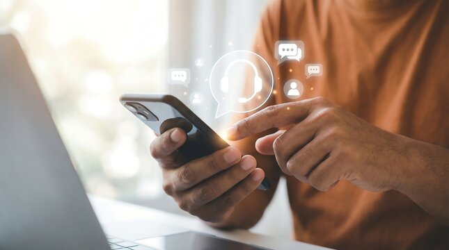 Customer support interaction via mobile phone with holographic chat and headset icons visible
