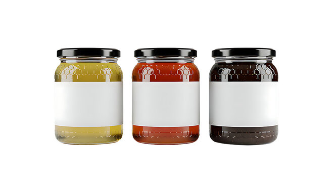 Three glass jars with blank labels showcasing honey in light yellow, amber, and dark brown hues, with textured hexagonal patterns on glass isolated on  transparent background