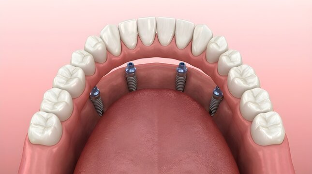 Full Arch Dental Implants 3D Render Showing Multiple Titanium Screws in Lower Jaw