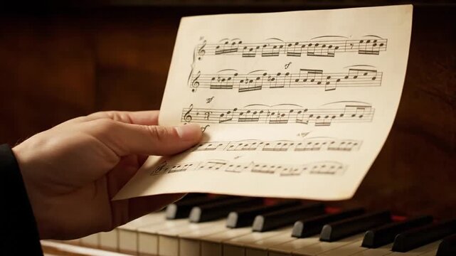 Hand Holding Sheet Music Over Piano Close Up