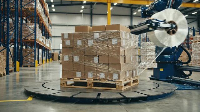 Automated industrial robot machine wrapping pallet of cardboard boxes with plastic film in warehouse