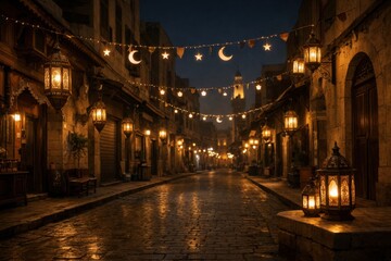 Fototapeta premium Traditional lanterns and crescent moon decorations glowing on empty street during Ramadan evening