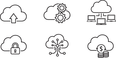Fototapeta premium A set of vector line art illustrations depicting cloud computing and storage concepts in silhouette mode