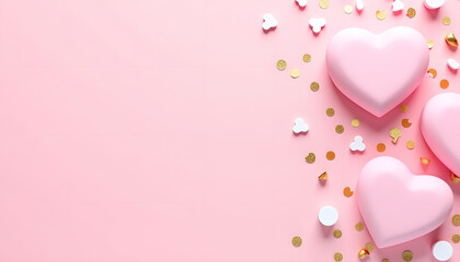 3D Pink and White Hearts with Gold Confetti on Pastel Pink Background with Copy Space