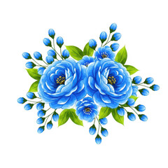 Blue roses with green leaves isolated on transparent background