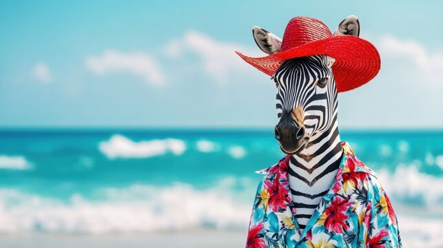 Zebra in red straw hat and floral shirt standing upright on tropical beach with ocean and blue sky behind