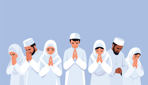 Diverse group of Muslim people standing in row praying in white clothes