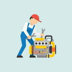 Fototapeta premium Mechanic fixing engine with tools, auto repair, car service, workshop, professional maintenance