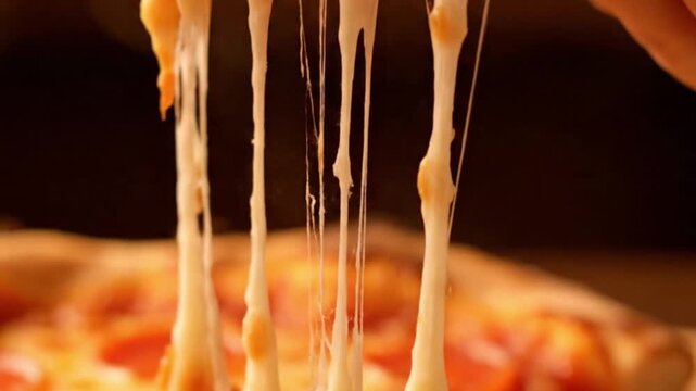 Close-up video of hot, melted mozzarella cheese stretching from a slice of pepperoni pizza, showcasing the gooey texture and delicious, stringy pull against a dark background.