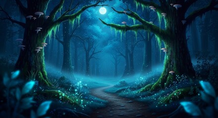 Natural sunlight illuminates the trees of a forest in the forest and forest in the night where a cascade waterfall flows into a green river stream path