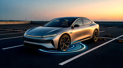 Fototapeta premium Wireless EV charging pad with electric car at twilight