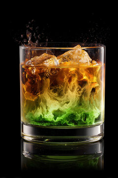 Absinthe louche effect in glass with ice and green herbal swirls on black background