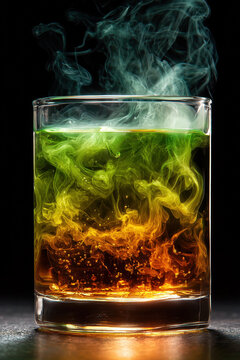 Absinthe louche effect in glass with swirling green smoke and flames on dark background