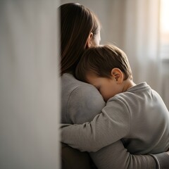 Mother And Child Embracing In Soft Natural Light Showing Love And Comfort At Home