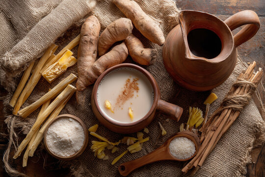 Traditional horchata ingredients flat lay with chufa tubers cinnamon and clay pitcher