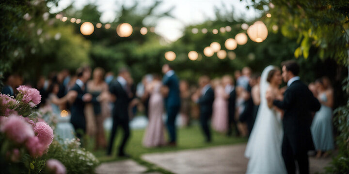 Romantic outdoor wedding celebration with bride and groom dancing surrounded by guests under string lights