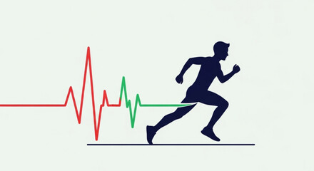 Man running with dynamic ecg heartbeat lines symbolizing fitness and health monitoring