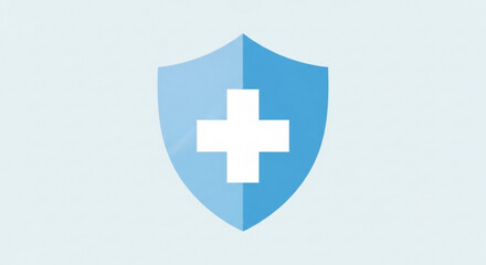 Fototapeta premium Blue shield with white medical cross symbol on light background representing protection and healthcare security