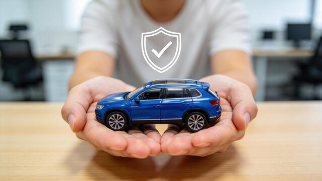 Hands holding blue car model with shield icon above,auto insurance protection and vehicle safety coverage concept for transportation security service