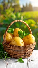 A wicker basket overflows with freshly picked potatoes on a rustic table