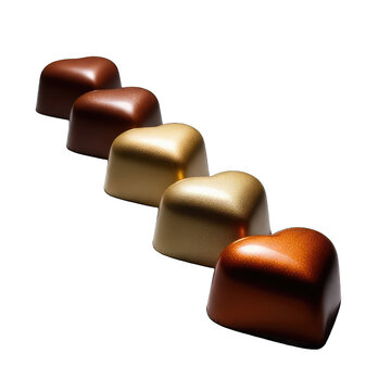 Five assorted heart-shaped chocolates in a row, luxury dessert
