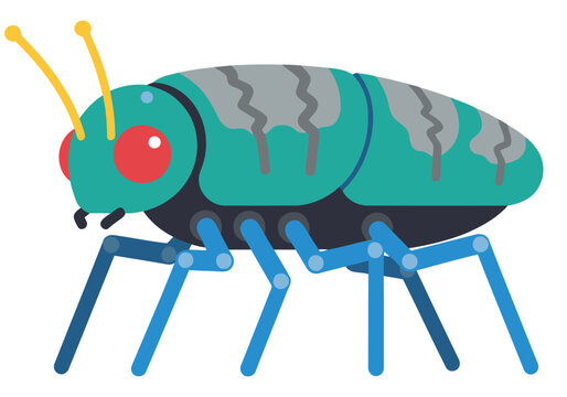 A stylized bio-robot beetle performs a narrow rescue. Vibrant teal and blue colors create a modern, playful illustration. Perfect for tech, robotics, or nature themes.