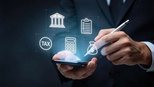Business professional using smartphone with virtual tax icons and financial symbols,online taxation accounting and government compliance concept