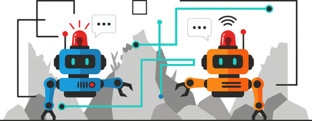 Obraz premium Two collaborative robots assist in disaster management, showcasing teamwork and technology. Modern, flat design with a rugged background. Ideal for business and technology visuals.