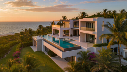 Fototapeta premium Ultra realistic luxury villa aerial perspective, drone photography style, infinity pool, modern architecture, tropical landscaping, golden hour sunset lighting, cinematic shadows, high detail, 8k