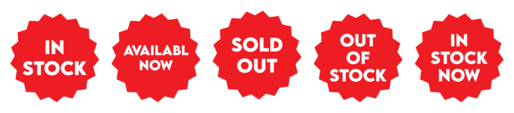 red availability badges set. available now, in stock, out of stock, sold out,  flat label or sticker. PNG