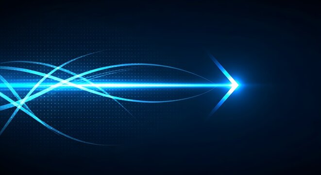 Glowing blue arrow moving fast through digital space. Business growth and technology direction concept. Abstract neon light pointer flying forward on dark background